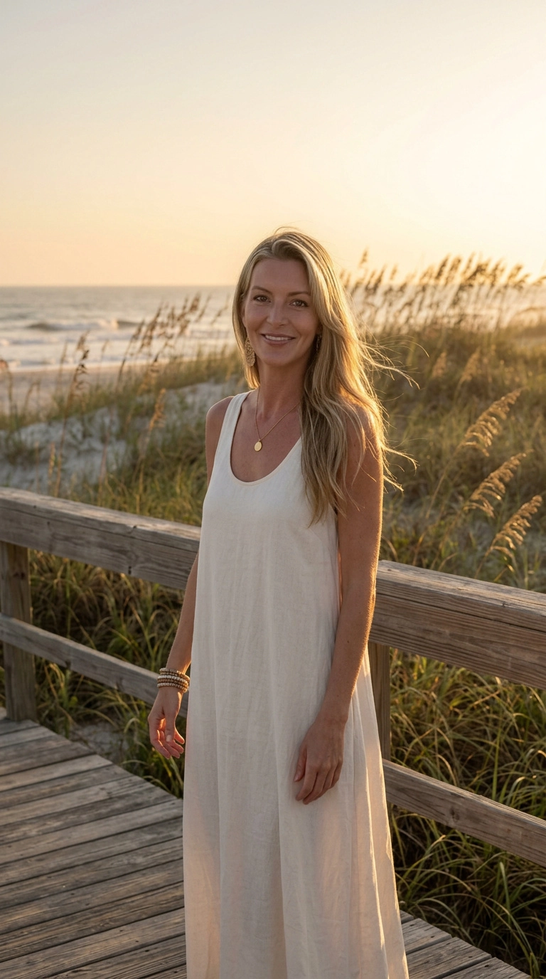 Donna Gilmore on a coastal boardwalk at golden hour