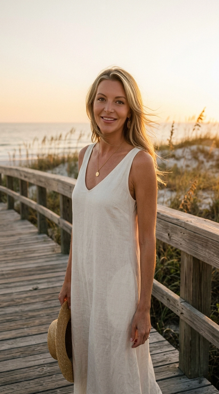 Donna Gilmore with a straw hat on a coastal boardwalk