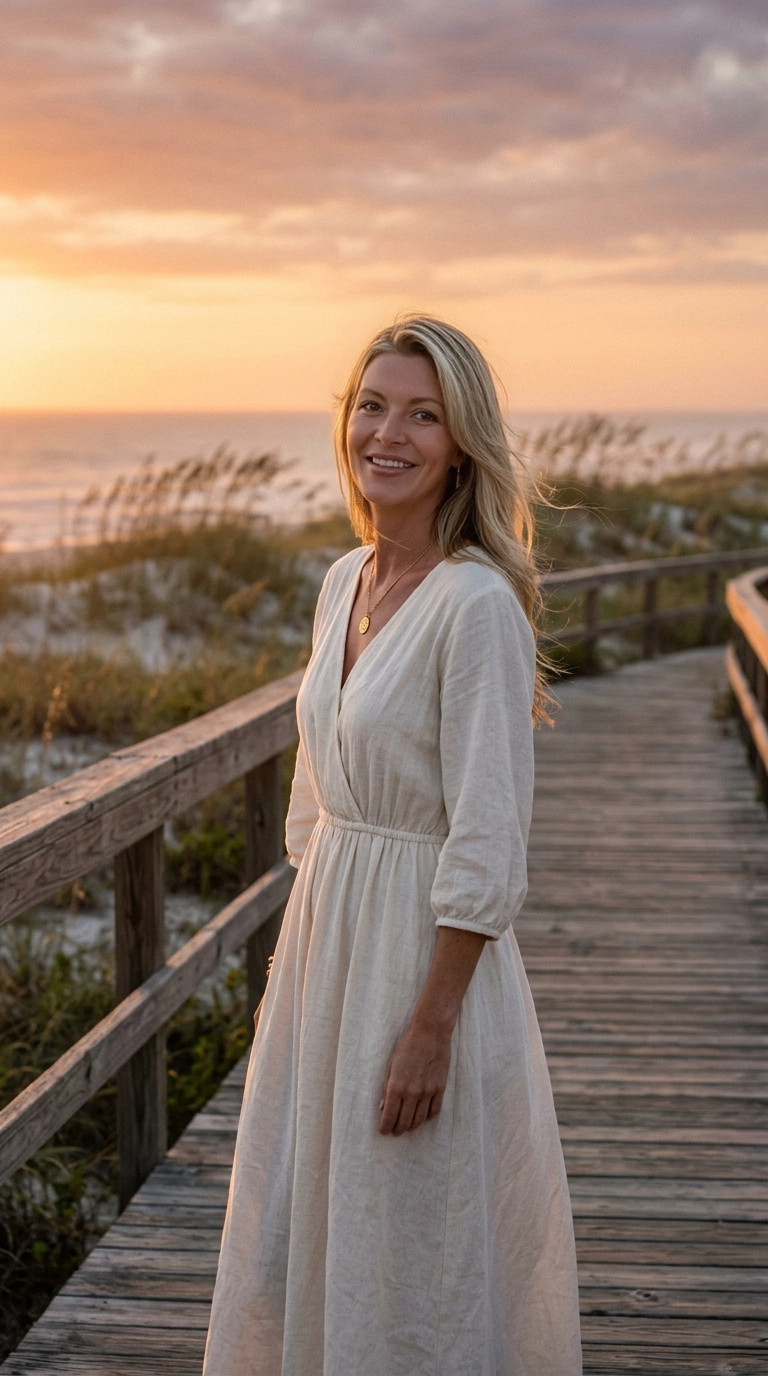 Donna Gilmore on a coastal boardwalk at dusk