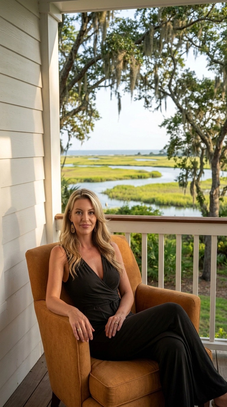 Donna Gilmore on a Lowcountry porch overlooking the marsh